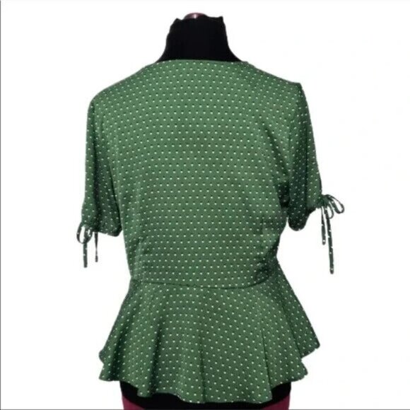 Who What Wear Sz M Shadow Green Polka Dot Tie Sleeve Button Peplum Womens Blouse - Picture 4 of 7